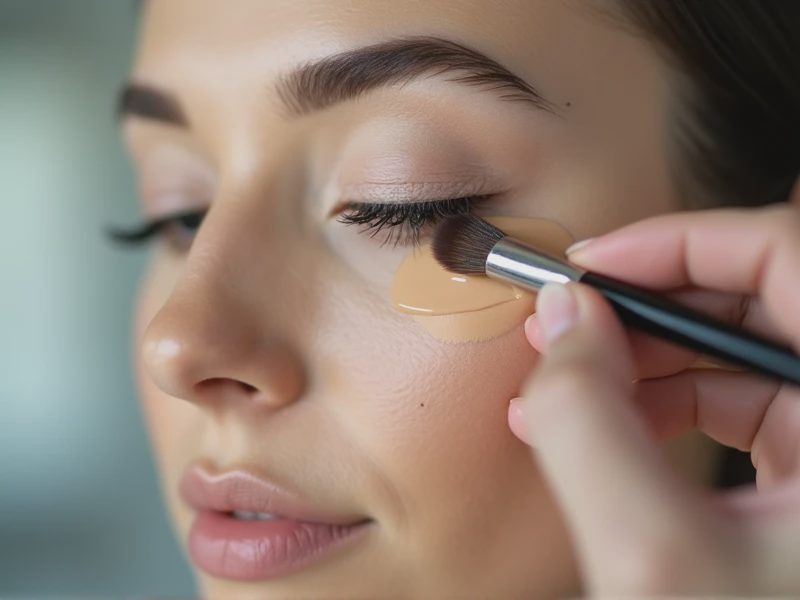 A hand is using a dome-shaped brush on the model’s face.