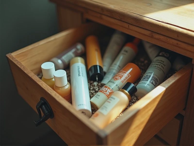 The interior of a slightly opened wooden drawer.