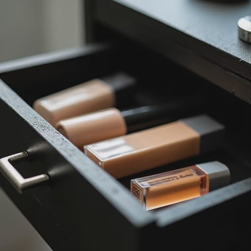 Interior of a professional makeup workstation drawer pulled halfway open.