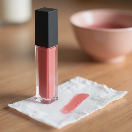 A rose-colored lip gloss from an open-shelf brand, placed next to a lightly pressed sheet of paper.