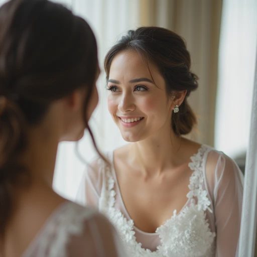 A bride sits in front of a dressing table.