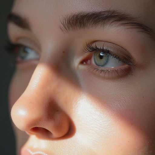 Half of the model’s cheek and the side of the nose under natural light.