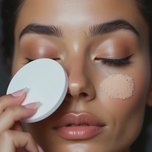 One hand holds a professional powder puff or brush to gently press and set the makeup on the model’s T-zone.