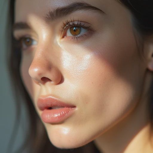 The model’s cheek and under-eye area under natural light.