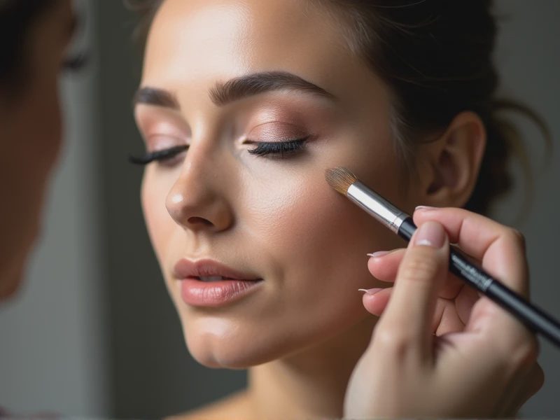 A makeup artist is carefully conducting a makeup test, shown in close-up.
