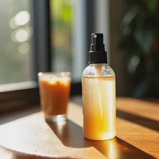 A spray bottle placed on a wooden table beside a bright window, next to a glass of iced coffee with condensation droplets.