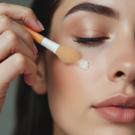 A compact, efficient foundation brush gently pressed at the center of the cheeks.