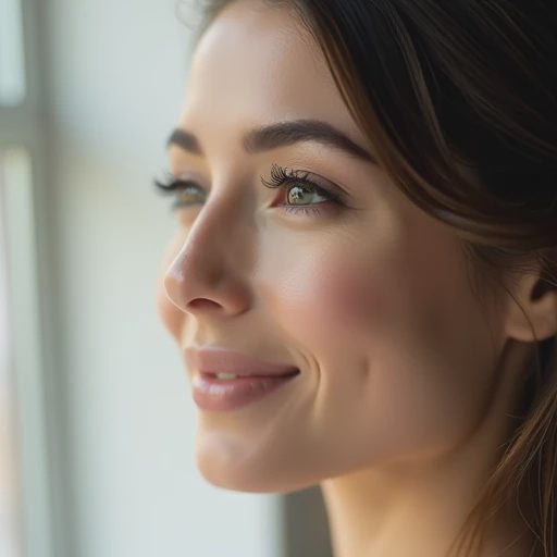 A bride’s face with delicate, sheer foundation makeup.