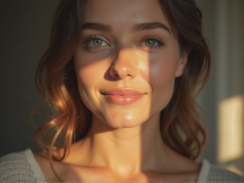 Close-up of the wearer’s face under soft indoor lighting in the evening.