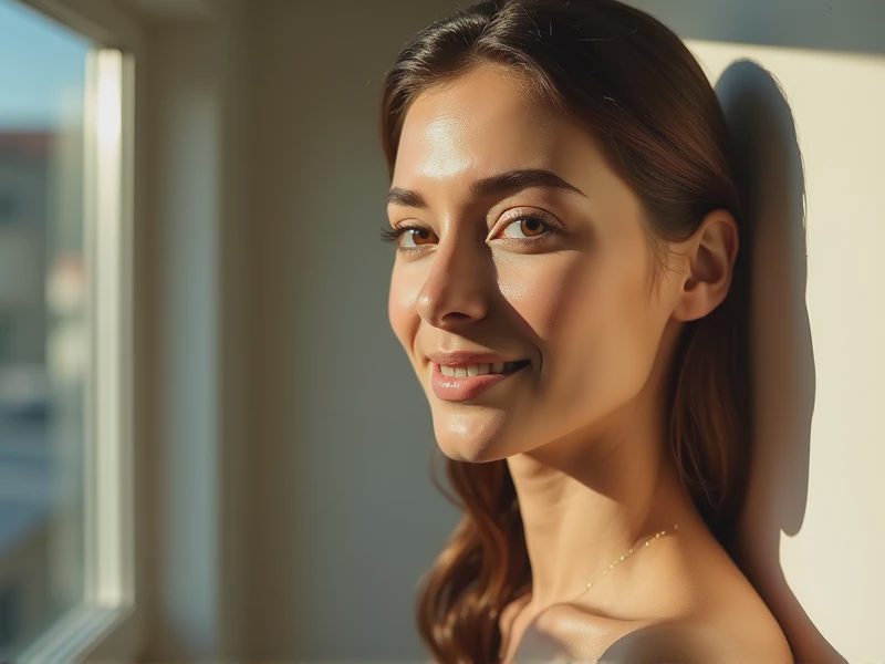 A woman’s half-body side portrait beside a well-lit window.