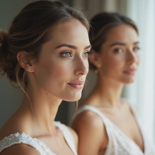 Side half-length portrait of two bridesmaids in soft natural light.