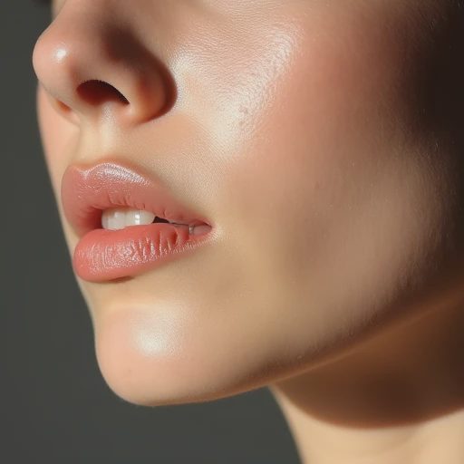 The model’s cheek and the side of the nose under natural light.