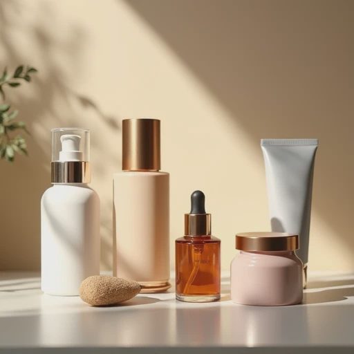 Several beauty products are placed on the table.