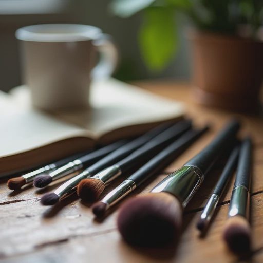 Multiple professional brushes of varying thicknesses are placed on the table.
