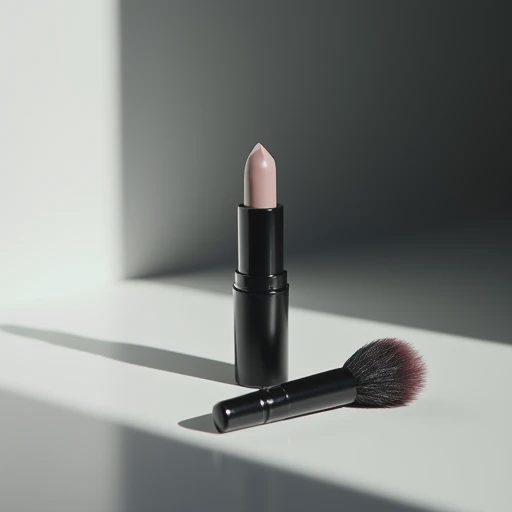 A matte lipstick and a makeup brush are placed on the desktop.