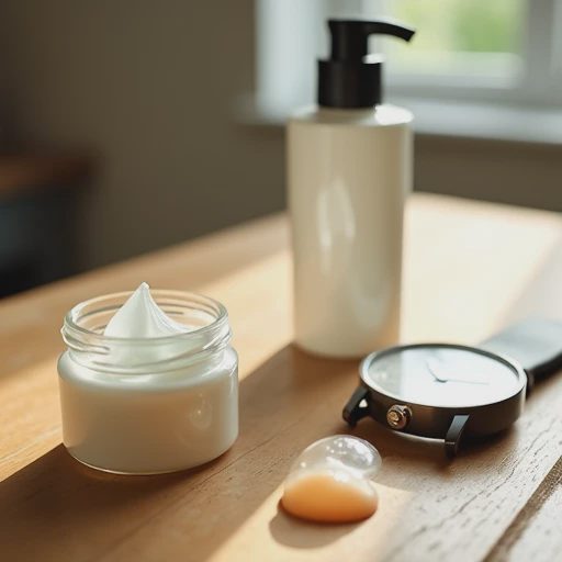 A moisturizer and a drop of freshly squeezed sunscreen, with a watch waiting to time the process.