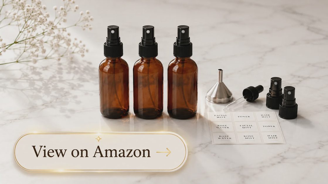 three amber glass spray bottles with black fine mist sprayers displayed neatly alongside funnel.