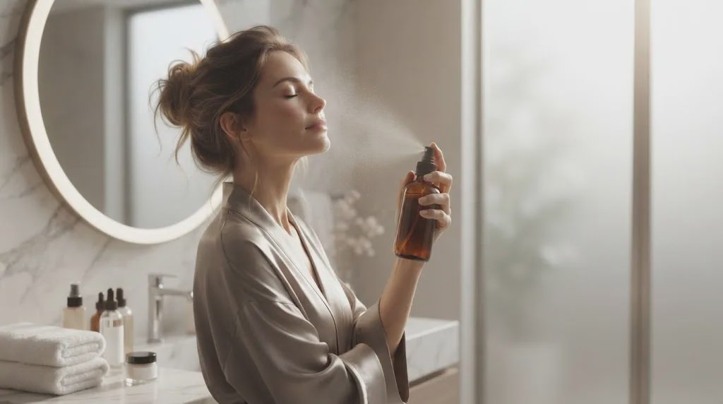 elegant woman standing in front of a modern bathroom mirror, lightly misting her face with an amber glass spray bottle.