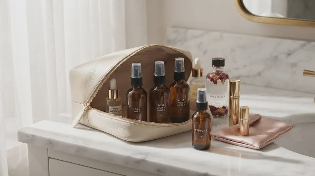 open cream-colored cosmetic bag on a white marble vanity.