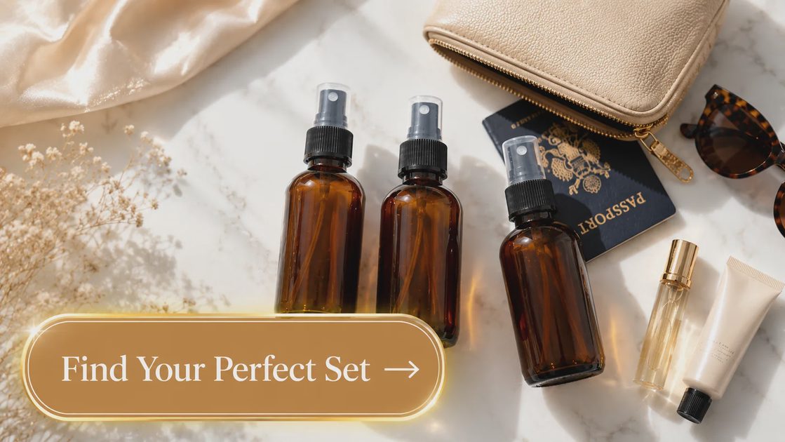 amber glass spray bottles neatly organized beside passport, sunglasses, skincare products, perfume atomizer and makeup pouch.
