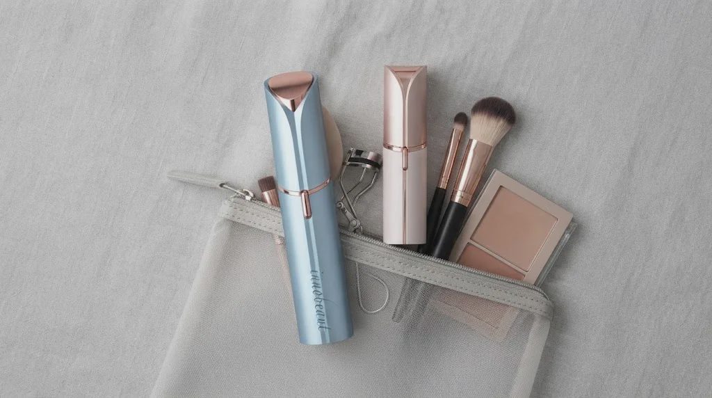 Flat lay of an open grey mesh makeup bag containing a sleek blue and rose gold Innobeaut facial hair remover, brushes, and a powder compact on a textured white fabric background.