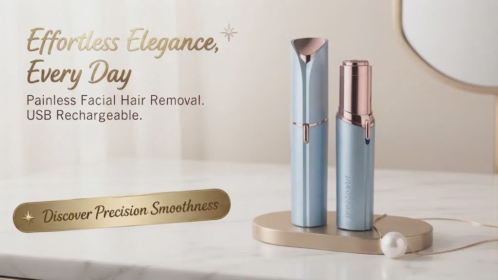 An elegant advertisement featuring two blue and rose gold facial hair removers on a white marble surface with gold text, a pearl, and a mirror.