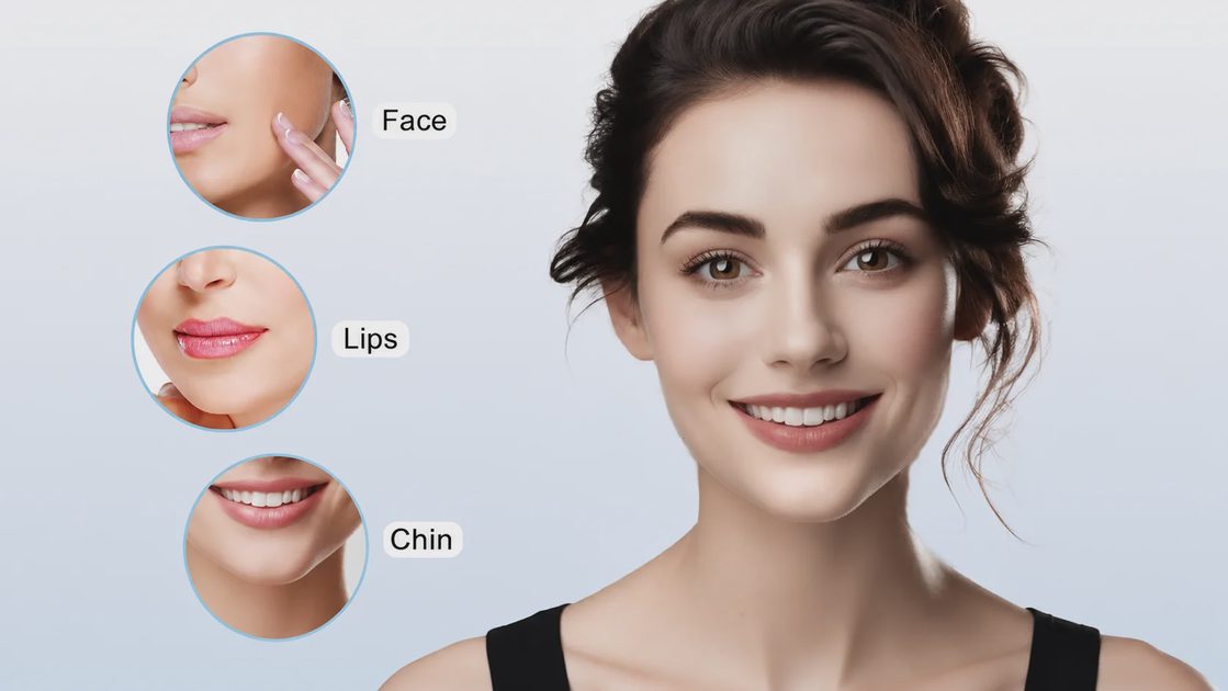 A smiling woman is shown alongside three circular close-ups with text labels pointing to "Face", "Lips", and "Chin" on a light blue background.